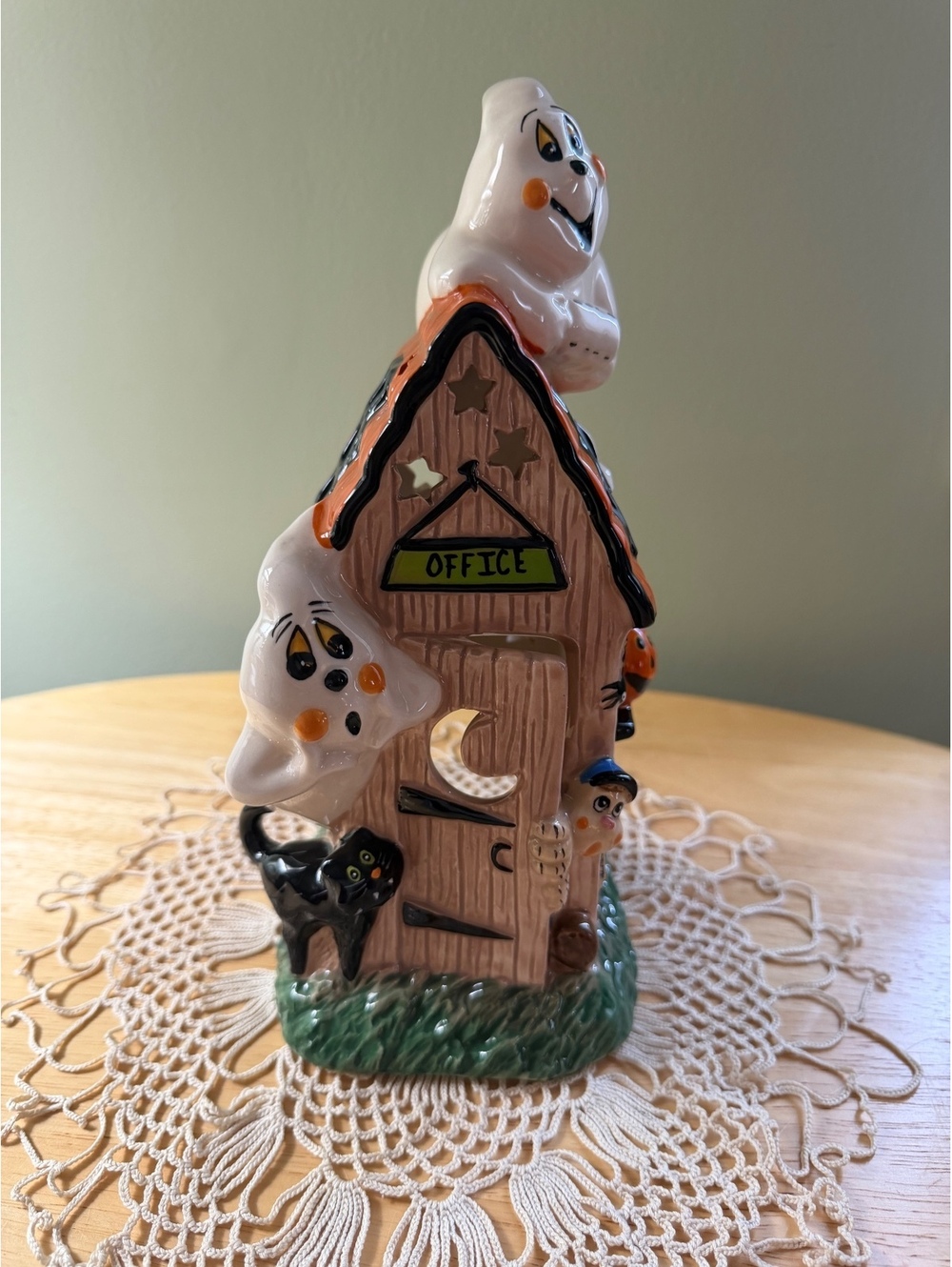 Blue Sky Clayworks Haunted Office Tea Lightwith Ghost and Black Cat Figurines